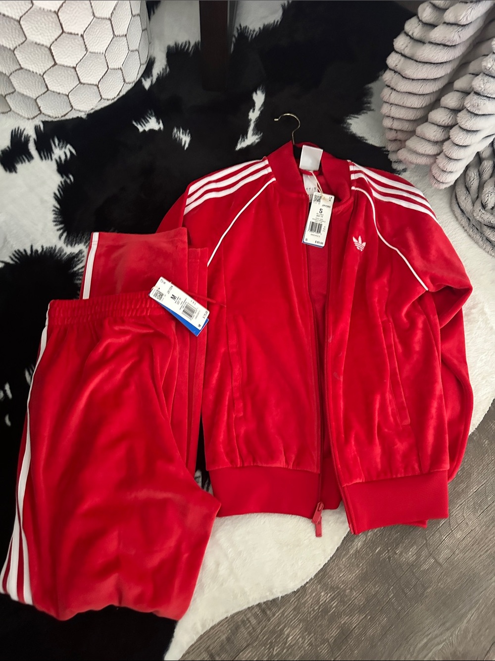 adidas Red Velour Tracksuit with White Stripes
